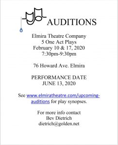 Audition for the Elmira Theatre One Act Plays